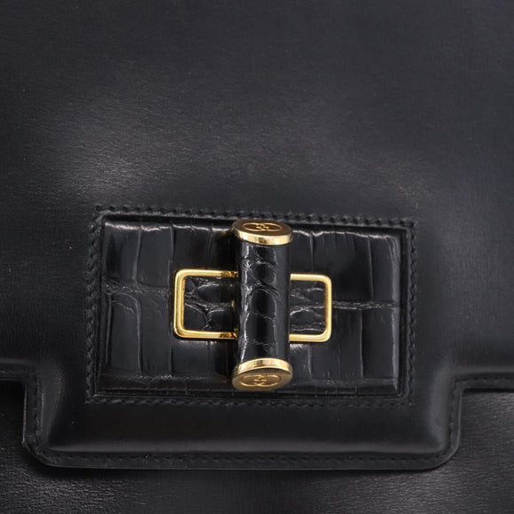 GUCCI Shoulder Bag Leather Black Gold Auth BA14311