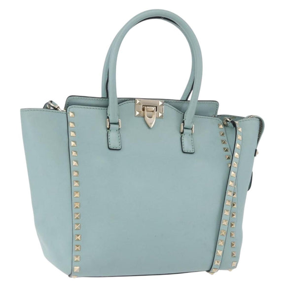 VALENTINO Hand Bag Leather 2way Light Blue Gold Auth BA14317