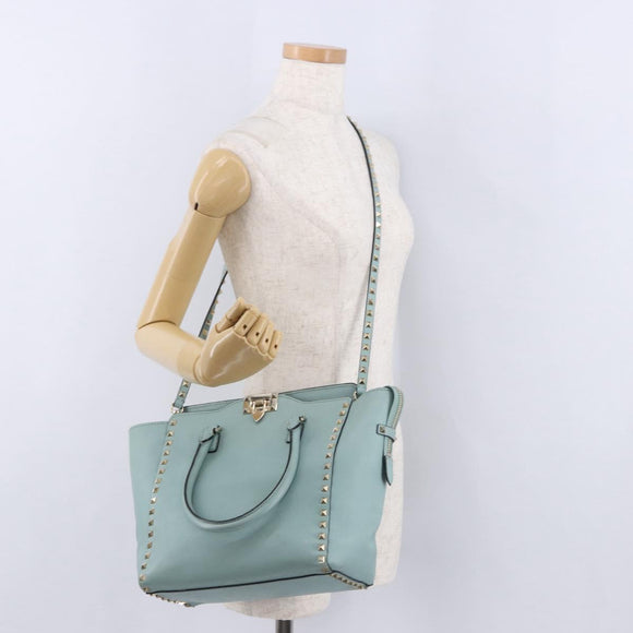 VALENTINO Hand Bag Leather 2way Light Blue Gold Auth BA14317