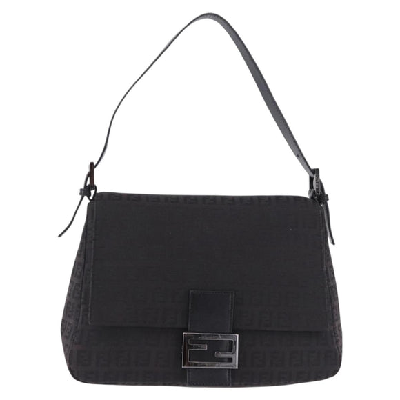 FENDI Zucchino Canvas Mamma Baguette Hand Bag Black Silver Auth BA14344
