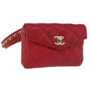 CHANEL Matelasse Waist bag Lamb Skin Red Gold CC Auth BA14358-1