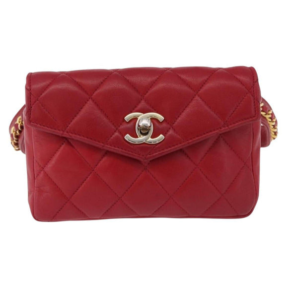 CHANEL Matelasse Waist bag Lamb Skin Red Gold CC Auth BA14358