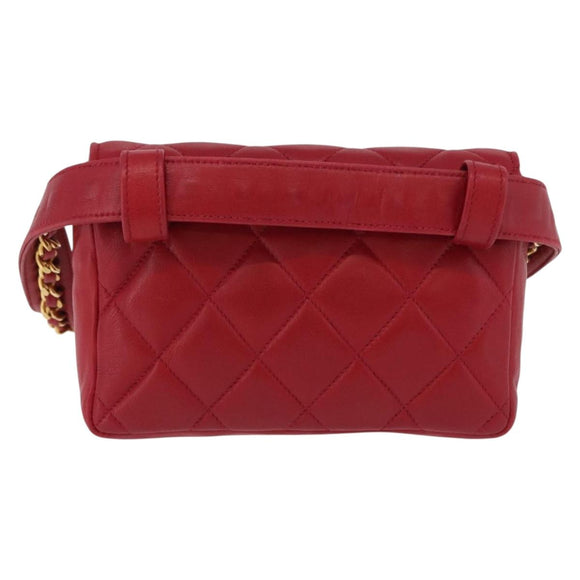 CHANEL Matelasse Waist bag Lamb Skin Red Gold CC Auth BA14358