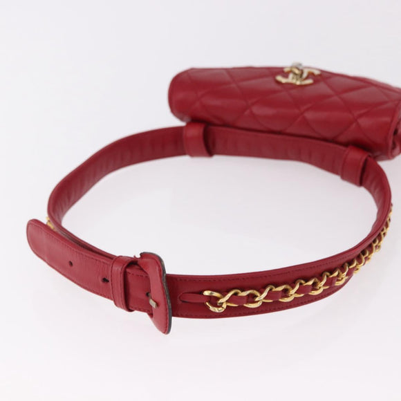 CHANEL Matelasse Waist bag Lamb Skin Red Gold CC Auth BA14358