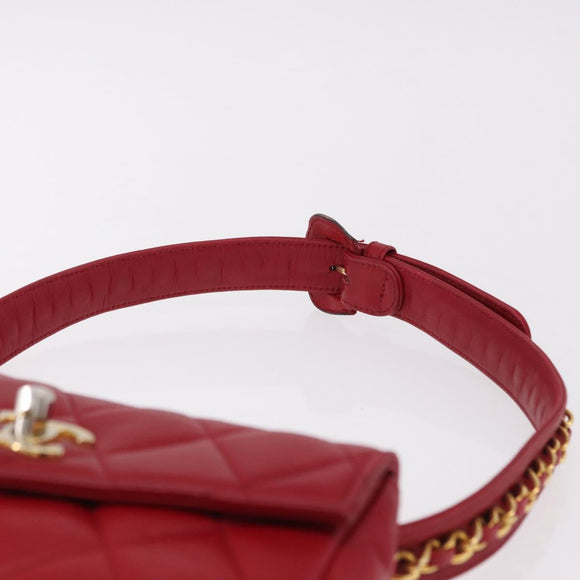 CHANEL Matelasse Waist bag Lamb Skin Red Gold CC Auth BA14358