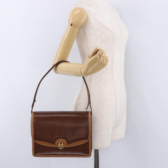 GUCCI Shoulder Bag Leather Brown Gold Auth BA14363A