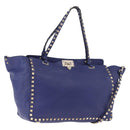 VALENTINO Rock Studs Hand Bag Leather 2way Blue Gold Auth BA14368-1