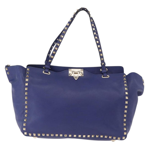 VALENTINO Rock Studs Hand Bag Leather 2way Blue Gold Auth BA14368