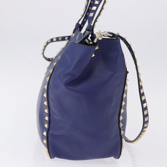 VALENTINO Rock Studs Hand Bag Leather 2way Blue Gold Auth BA14368
