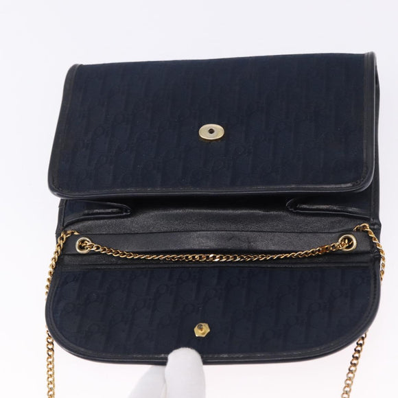 Christian Dior Trotter Canvas Chain Shoulder Bag Navy Gold Auth BA14376