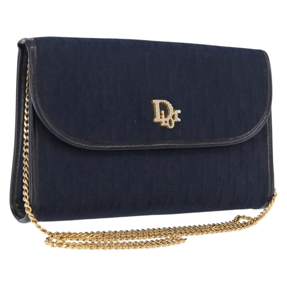 Christian Dior Trotter Canvas Chain Shoulder Bag Navy Gold Auth BA14376