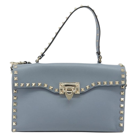 VALENTINO Rock Studs Hand Bag Leather 2way Light Blue Gold Auth BA14388