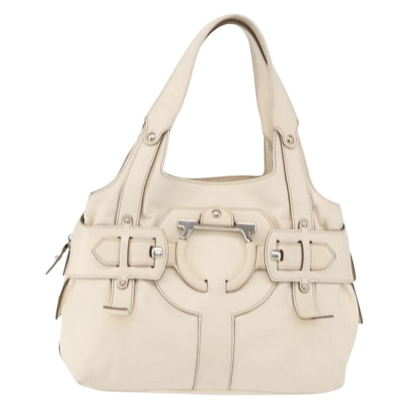 Salvatore Ferragamo Gancini Hand Bag Leather White Gold Auth BA14402