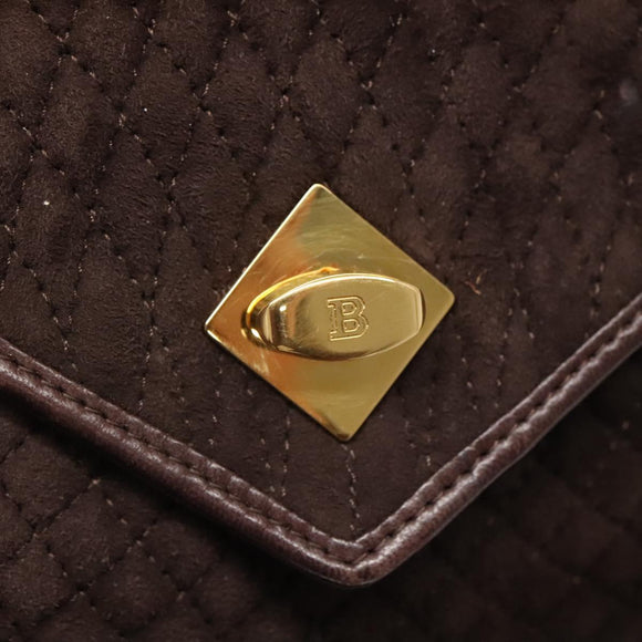 BALLY Quilted Hand Bag Suede Dark Brown Gold Auth BA1446