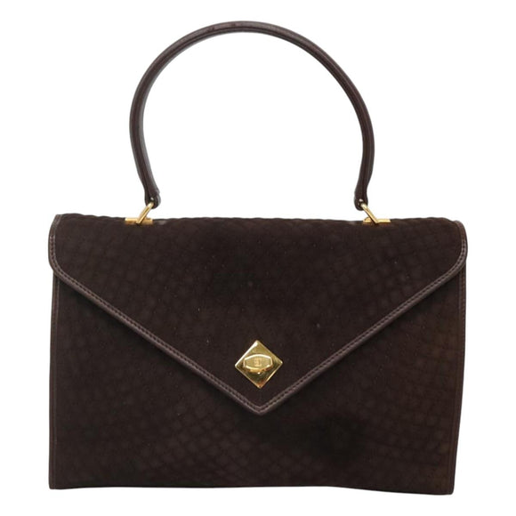 BALLY Quilted Hand Bag Suede Dark Brown Gold Auth BA1446