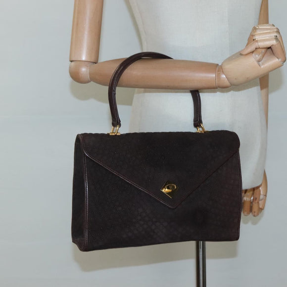 BALLY Quilted Hand Bag Suede Dark Brown Gold Auth BA1446