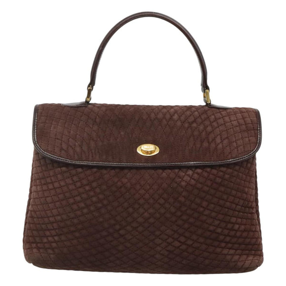 BALLY Quilted Hand Bag Suede Dark Brown Gold Auth BA1447