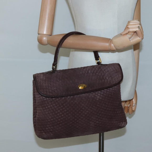 BALLY Quilted Hand Bag Suede Dark Brown Gold Auth BA1447