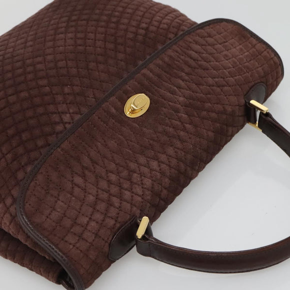 BALLY Quilted Hand Bag Suede Dark Brown Gold Auth BA1447