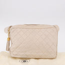 CHANEL Matelasse Shoulder Bag Lamb Skin White Gold CC Auth BA14472-12