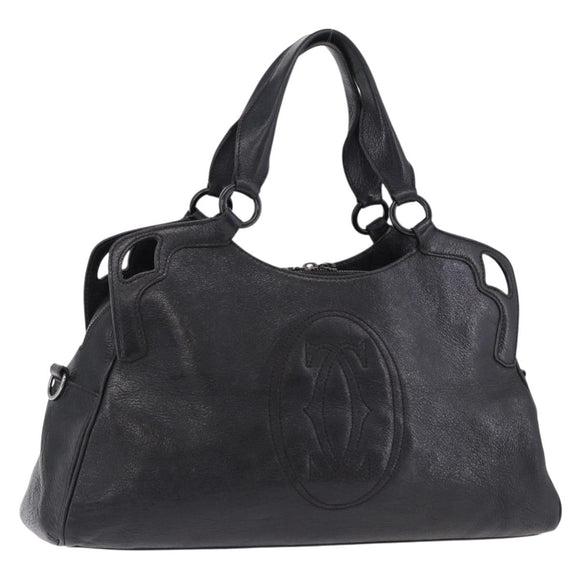 CARTIER Hand Bag Leather Black Silver Auth BA14473