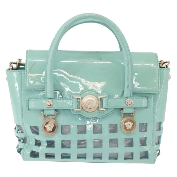 VERSACE Hand Bag Patent leather 2way Green Gold Auth BA14483
