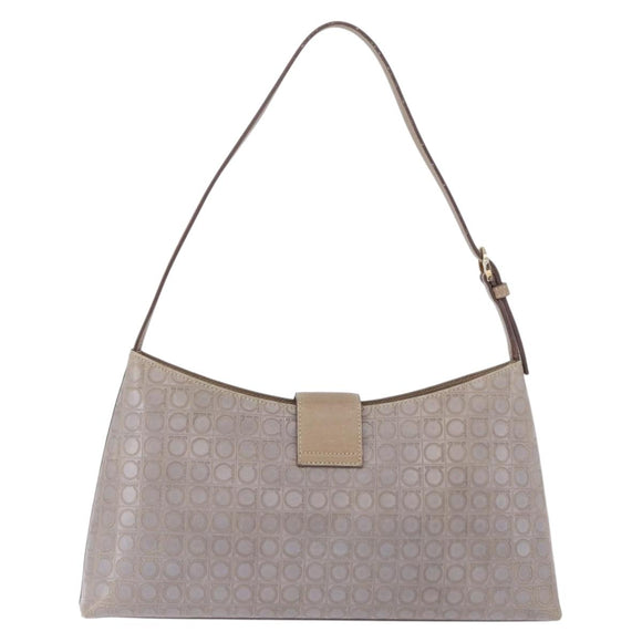 Salvatore Ferragamo Gancini Hand Bag Leather Gray Gold Auth BA14490A