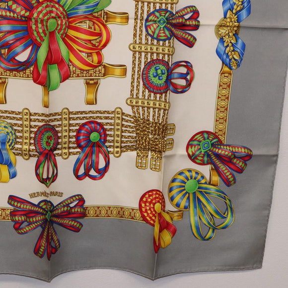 HERMES Carre 90 Scarf ”LES RUBANS DU CHEVAL” Silk Gray Auth BA14492