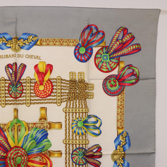 HERMES Carre 90 Scarf ”LES RUBANS DU CHEVAL” Silk Gray Auth BA14492