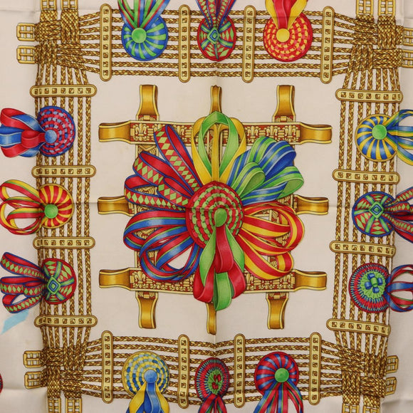 HERMES Carre 90 Scarf ”LES RUBANS DU CHEVAL” Silk Gray Auth BA14492
