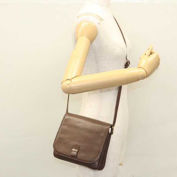 BALLY Shoulder Bag Leather Dark Brown Gold Auth BA1451