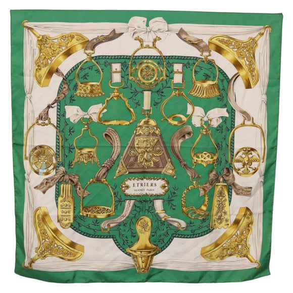 HERMES Carre 90 Scarf ”ETRIERS” Silk Green Auth BA14516