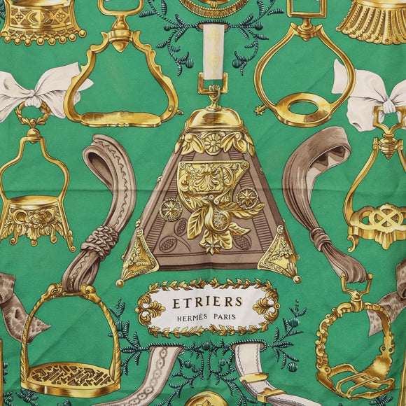 HERMES Carre 90 Scarf ”ETRIERS” Silk Green Auth BA14516