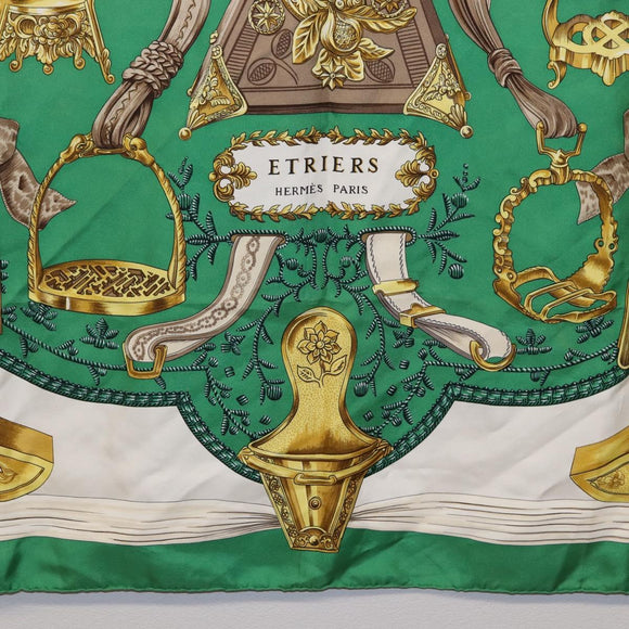 HERMES Carre 90 Scarf ”ETRIERS” Silk Green Auth BA14516
