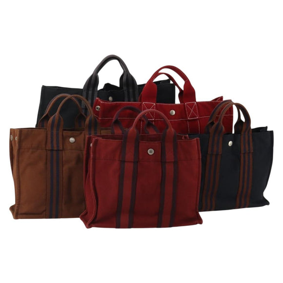 HERMES Fourre Tout Hand Bag cotton 5 Set Black Red Navy Auth BA14521