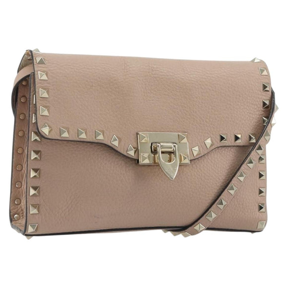 VALENTINO Studs Shoulder Bag Leather Pink Gold Tone Auth BA14563