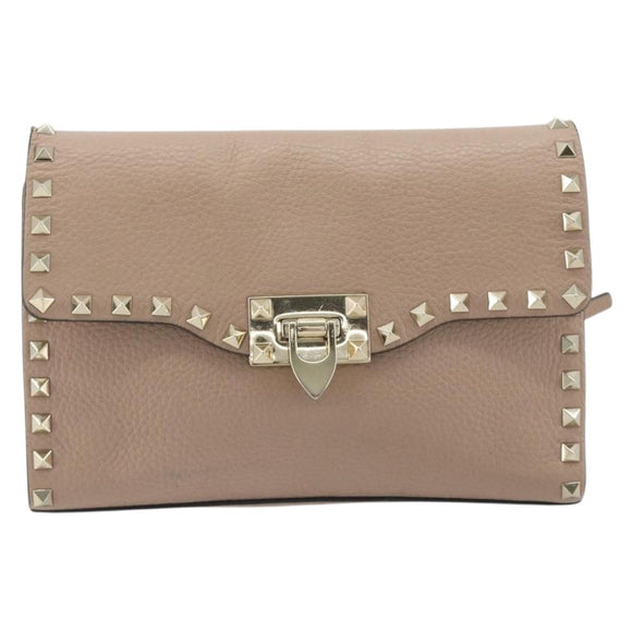 VALENTINO Studs Shoulder Bag Leather Pink Gold Tone Auth BA14563