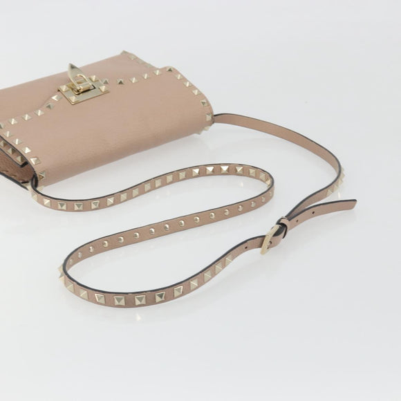 VALENTINO Studs Shoulder Bag Leather Pink Gold Tone Auth BA14563