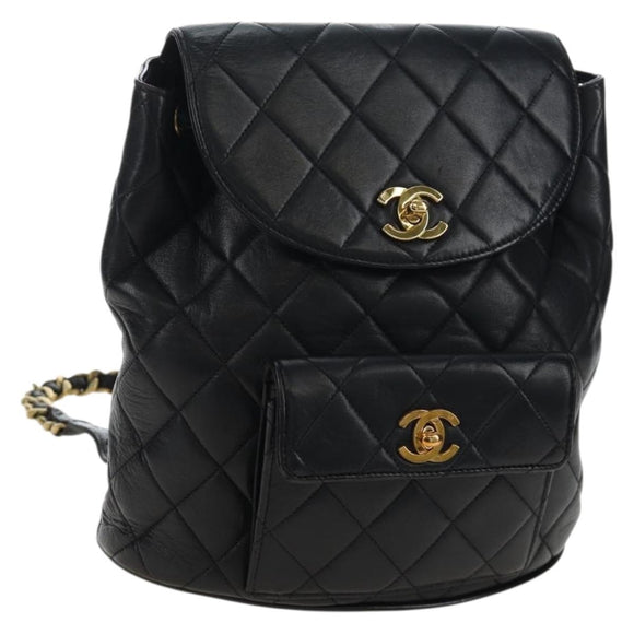 CHANEL Matelasse Chain Backpack Lamb Skin Black Gold Tone CC Auth BA14567M
