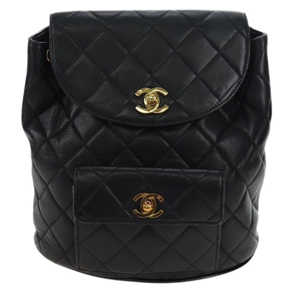 CHANEL Matelasse Chain Backpack Lamb Skin Black Gold Tone CC Auth BA14567M