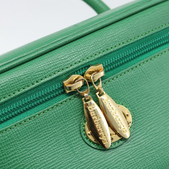 Burberrys Vanity Bag Cosmetic Pouch Leather Green Gold Tone Auth BA14572A
