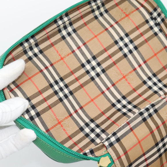 Burberrys Vanity Bag Cosmetic Pouch Leather Green Gold Tone Auth BA14572A