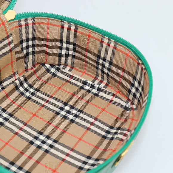 Burberrys Vanity Bag Cosmetic Pouch Leather Green Gold Tone Auth BA14572A