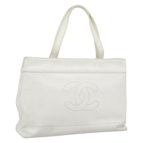 CHANEL Tote Bag Caviar Skin White CC Auth BA14587A