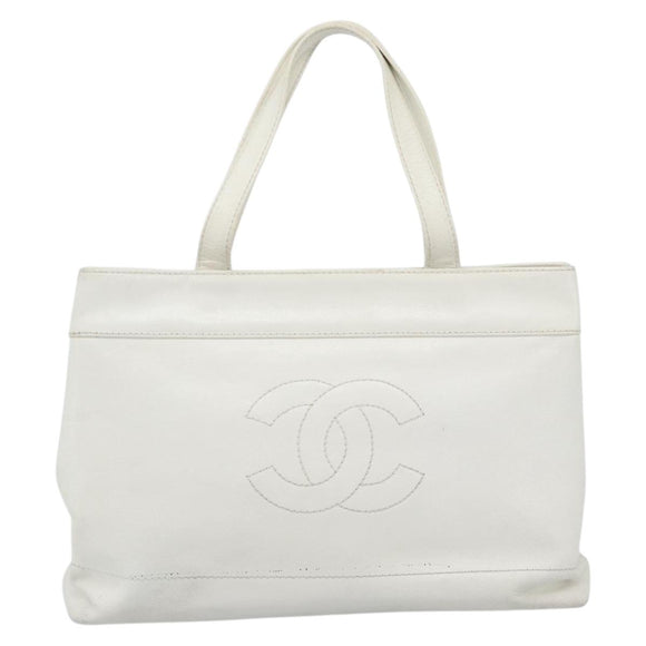 CHANEL Tote Bag Caviar Skin White CC Auth BA14587A