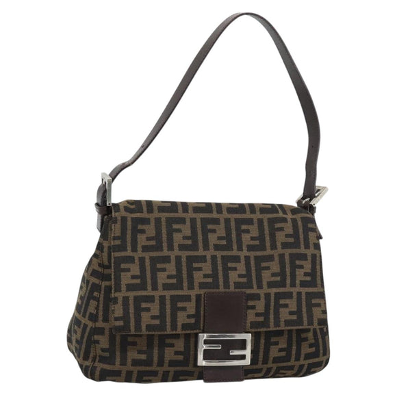 FENDI Zucca Canvas Mamma Baguette Shoulder Bag Brown Silver Auth BA14590V