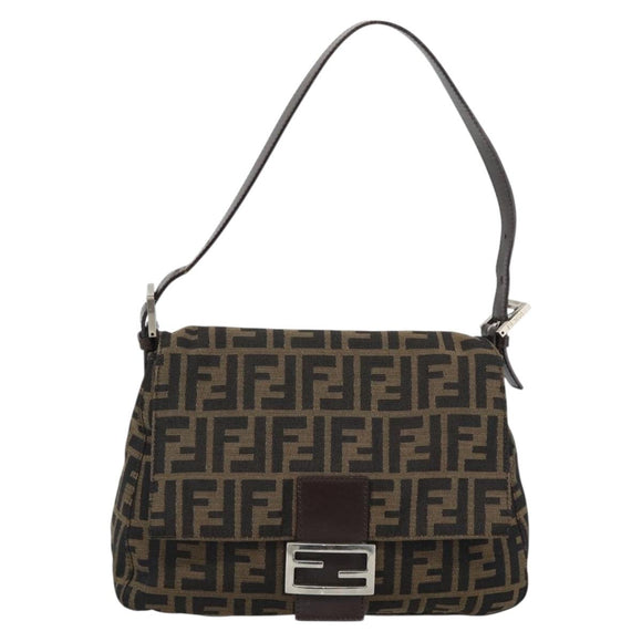 FENDI Zucca Canvas Mamma Baguette Shoulder Bag Brown Silver Auth BA14590V