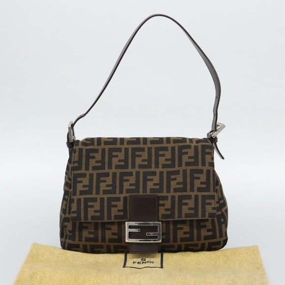 FENDI Zucca Canvas Mamma Baguette Shoulder Bag Brown Silver Auth BA14590V