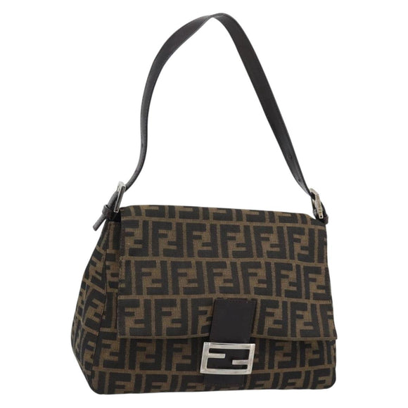 FENDI Zucca Canvas Mamma Baguette Shoulder Bag Brown Silver Auth BA14593V