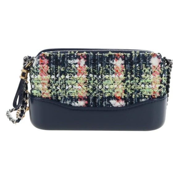 CHANEL Gabrielle de Chanel Chain Shoulder Bag Tweed Navy Gold CC Auth BA14596SAM